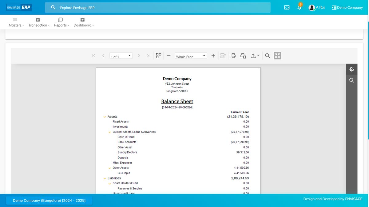 Envisage-ERP finance and balance sheet report