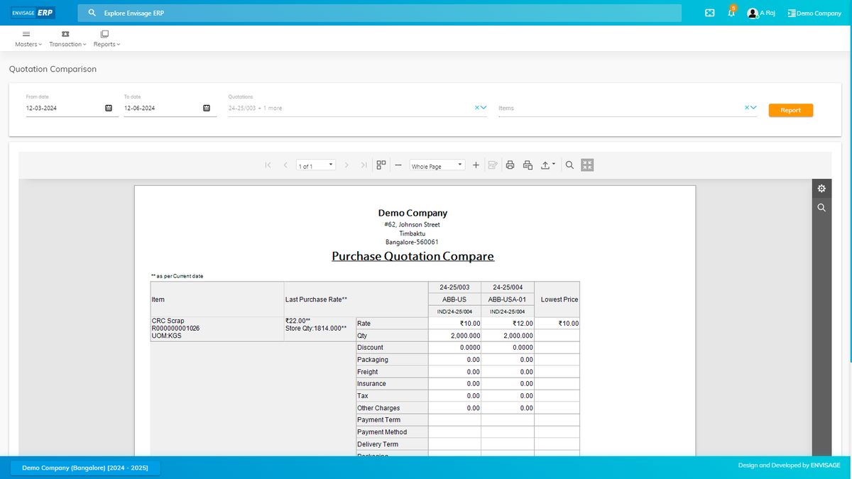 Envisage-ERP costing and estimation screen