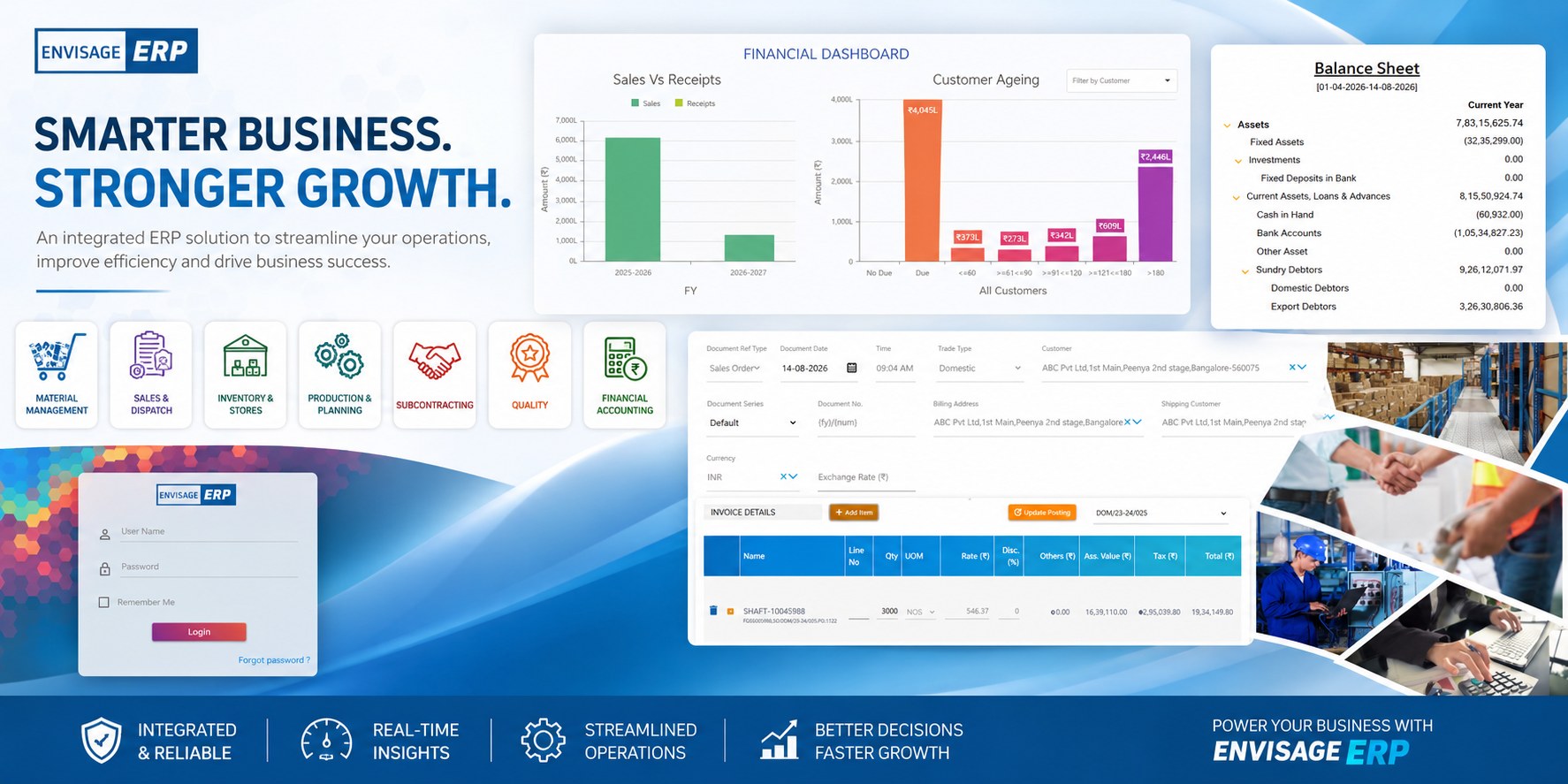 Envisage-ERP — smarter business, stronger growth. Financial dashboard, balance sheet, sales order and production modules